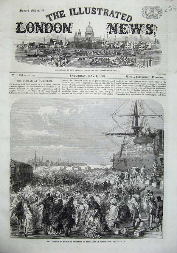 Old Antique Print 1869 Embarkation Dockyard Workmen Emigrants Portsmouth 19th