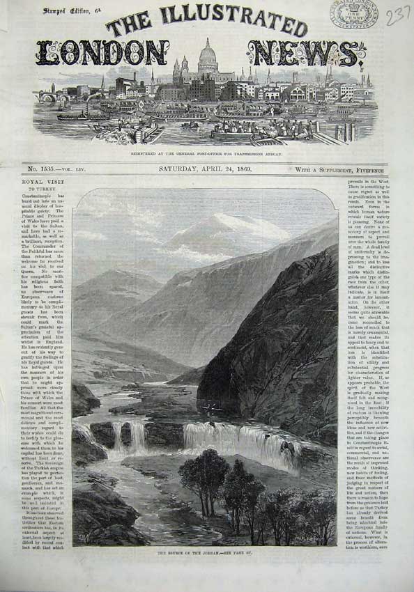 Old Antique Print 1869 Mountains River Source Jordan Waterfall Fine Art 19th