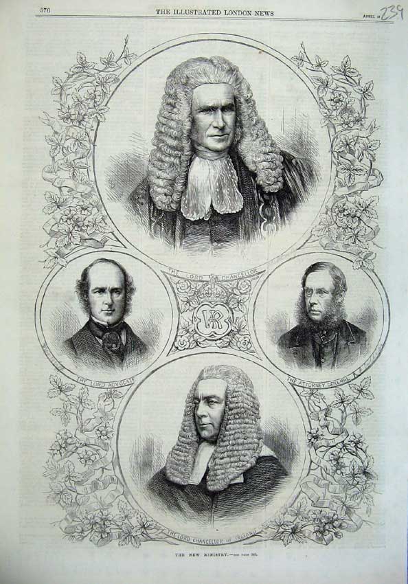 Old Antique Print New Ministry 1869 Chancellor Advocate General Ireland 19th