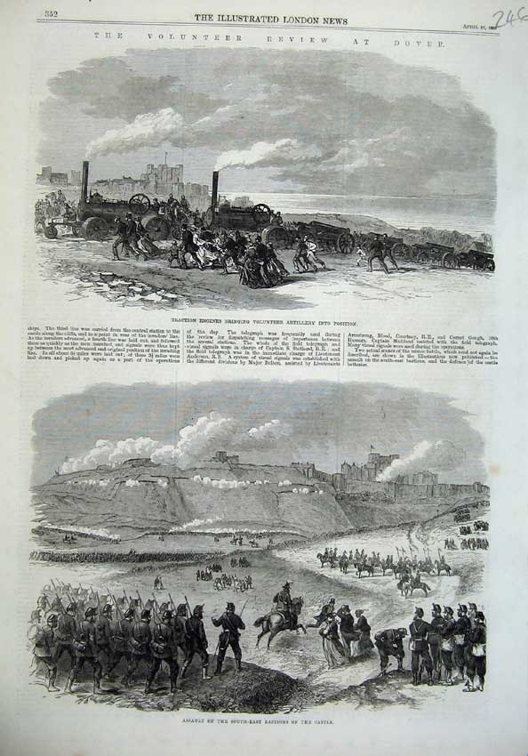 Old Antique Print 1869 Ta Army Review Dover Traction Engines Castle War 19th