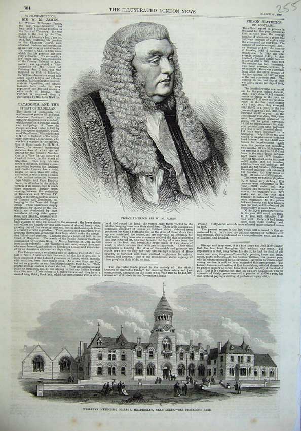Old Antique Print 1869 Vice-Chancellor James Wesleyan College Leeds Art 19th