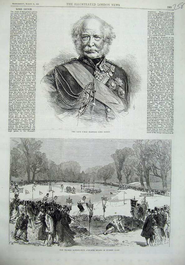 Original Old Antique Print Field Marshal Lord Gough 1869 Athletic Sports Putney