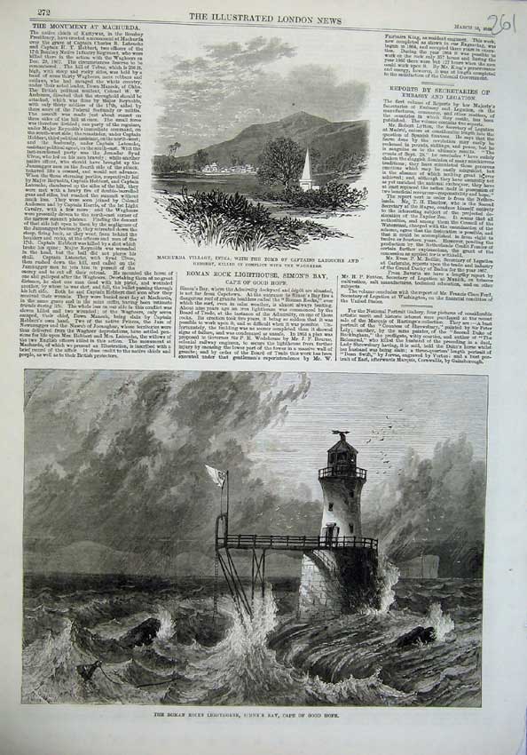 Original Old Antique Print Roman Rocks Lighthouse Cape Good Hope 1869 Machurda