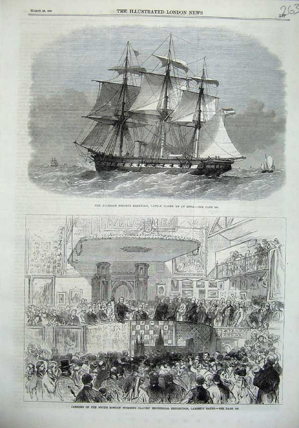 Old Antique Print 1869 Austrian Ship Radetzky Industrial Exhibition Baths 19th