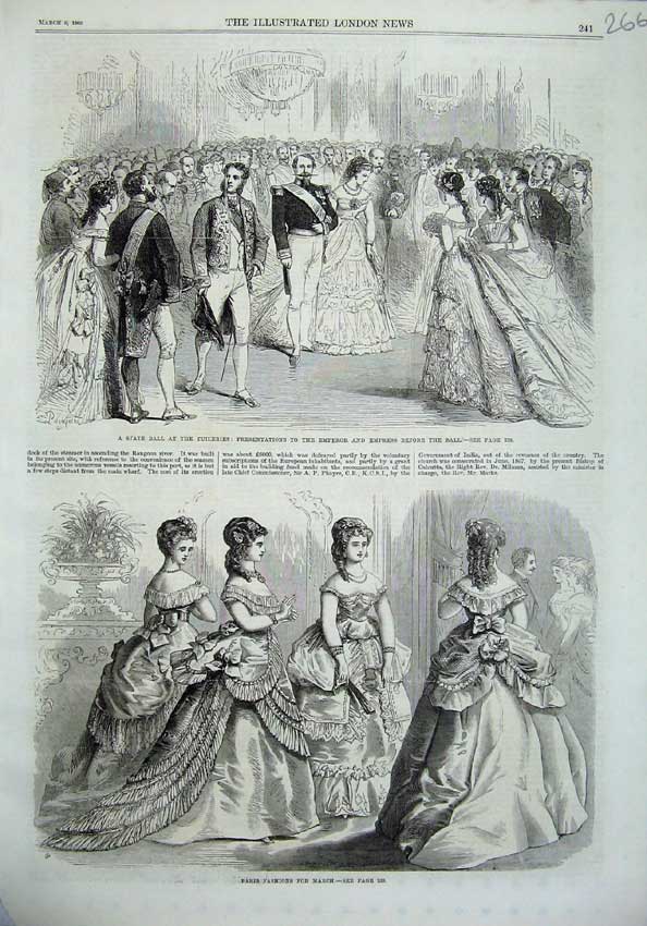 Old Antique Print Paris Fashion 1869 State Ball Tuileries Emperor Empress 19th