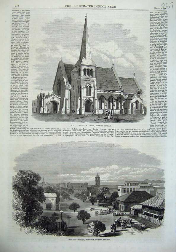 Old Antique Print Trinity Church Rangoon Burmah Merchant Street 1869 Art 19th