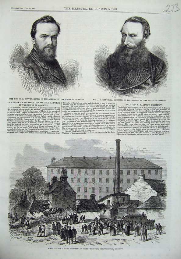 Original Old Antique Print Cowper House Commons Mundella 1869 Woodside Glasgow