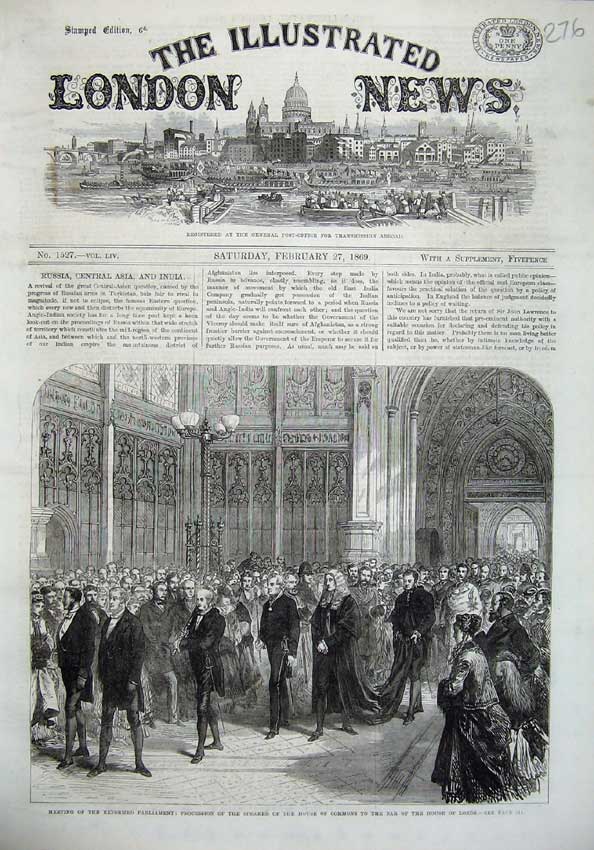 Original Old Antique Print 1869 Parliament Procession Speaker Commons Bar Lords