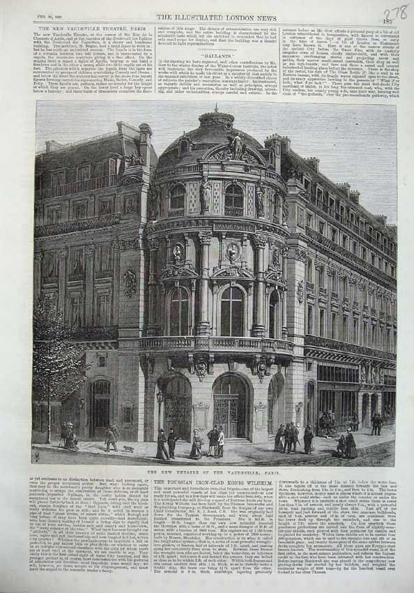 Old Antique Print Exterior Theatre Vaudeville Paris France Fine Art 1869 19th