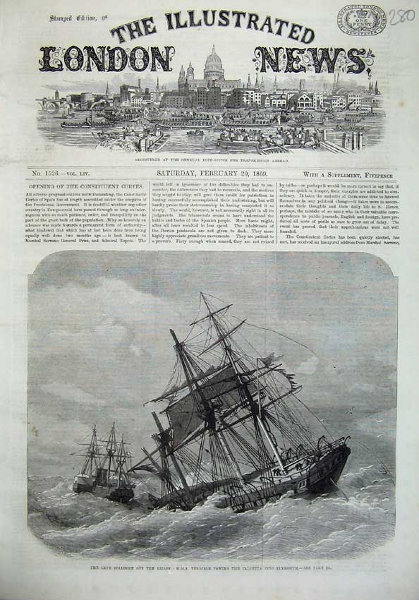 Old Antique Print 1869 Ships Collision Lizard Terrible Calcutta Plymouth 19th