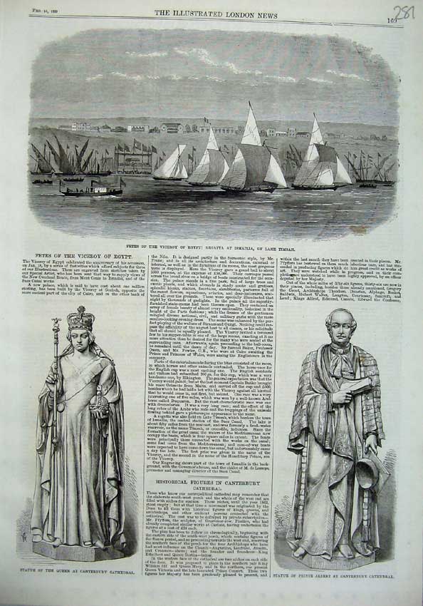 Old Antique Print Viceroy Egypt Regatta Ismalia Timsah 1869 Statue Queen 19th
