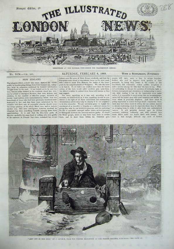 Original Old Antique Print Man Dog Stocks Snow Winter 1869 Ritchie French Art