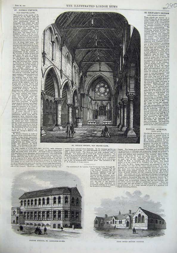 Old Antique Print 1869 St Peters Church Gravel Lane School Leonards Sea 19th