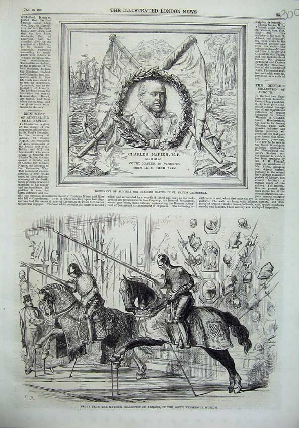 Original Old Antique Print 1869 Monument Admiral Napier Meyrick Armour Museum