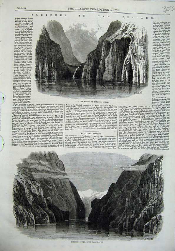 Original Old Antique Print Milford Sound Valley New Zealand 1869 River Fine Art