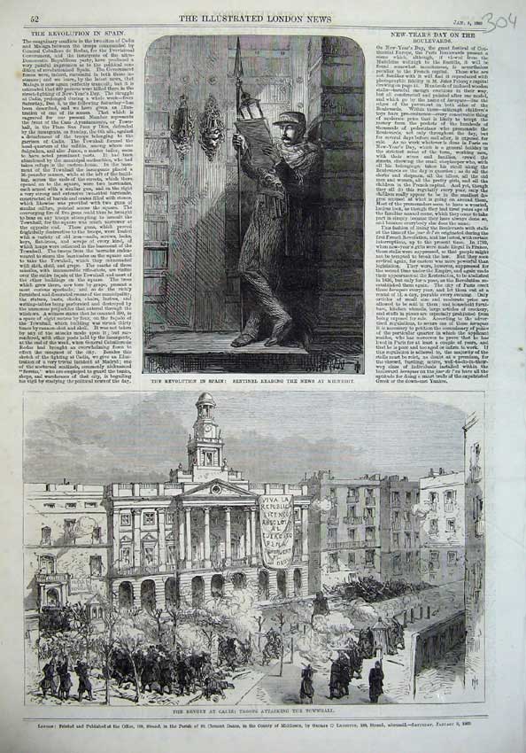 Original Old Antique Print 1869 Revolt Cadiz Troops Attacking Townhall Sentinel