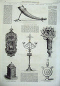 Old Antique Print 1869 Kensington Museum Horn Ivory Brass Lectern Clock 19th
