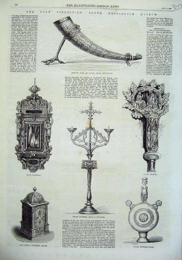 Old Antique Print 1869 Kensington Museum Horn Ivory Brass Lectern Clock 19th