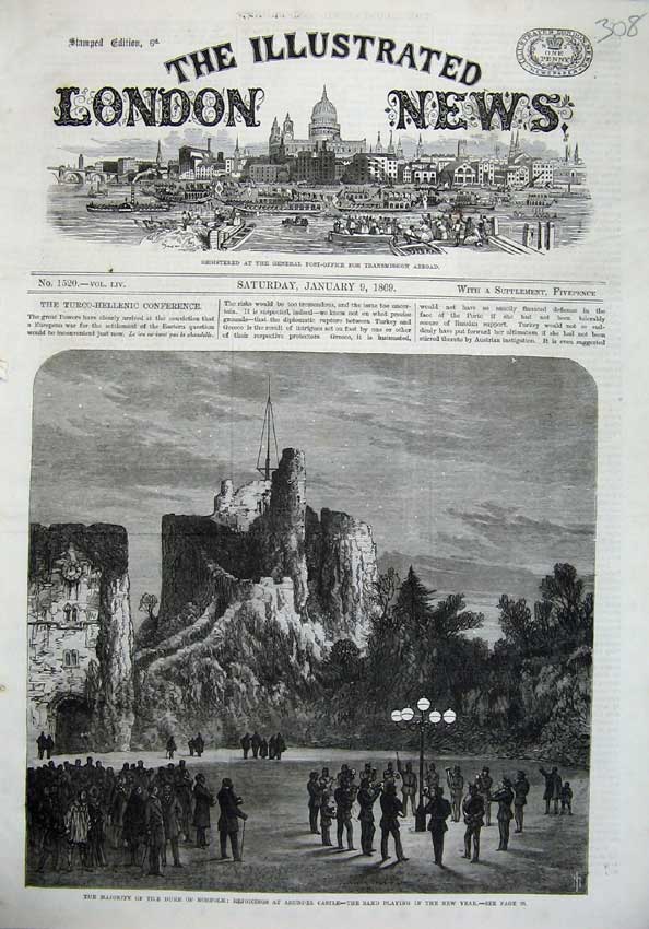 Original Old Antique Print 1869 Duke Norfolk Rejoicings Arundel Castle New Year