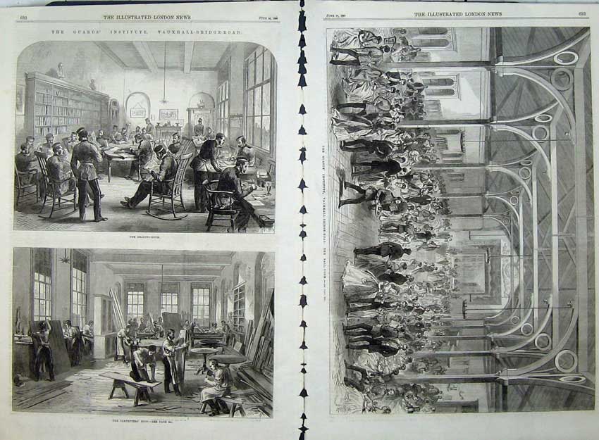 Old Antique Print 1869 Guards Institute Reading Room Carpenters Ball Art 19th