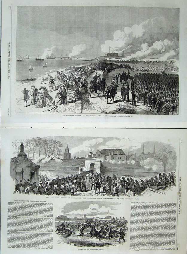 Antique Old Print 1869 Ta Army Review Portsmouth King William Gate Castle 19th