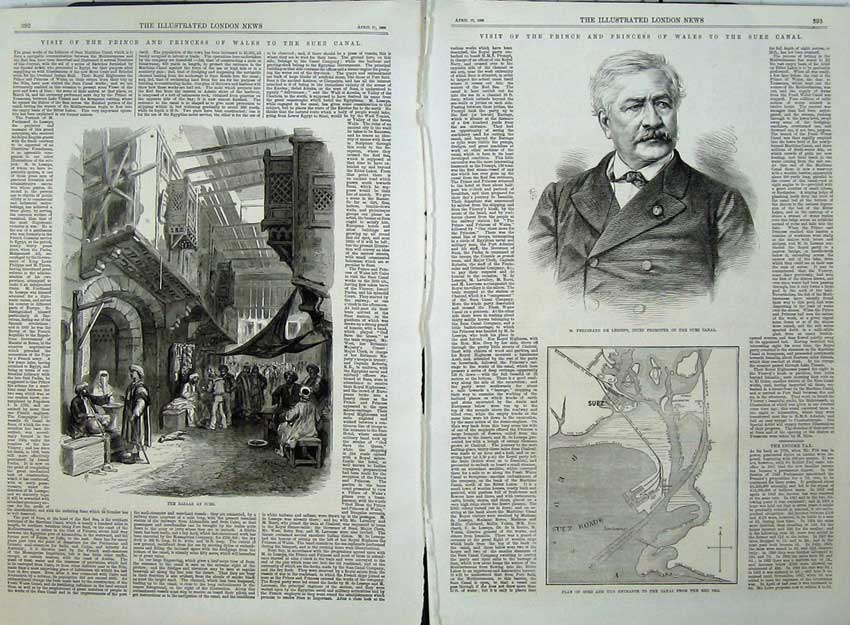 Old Antique Print 1869 Ferdinand Lesseps Promoter Suez Canal Plan Bazaar 19th