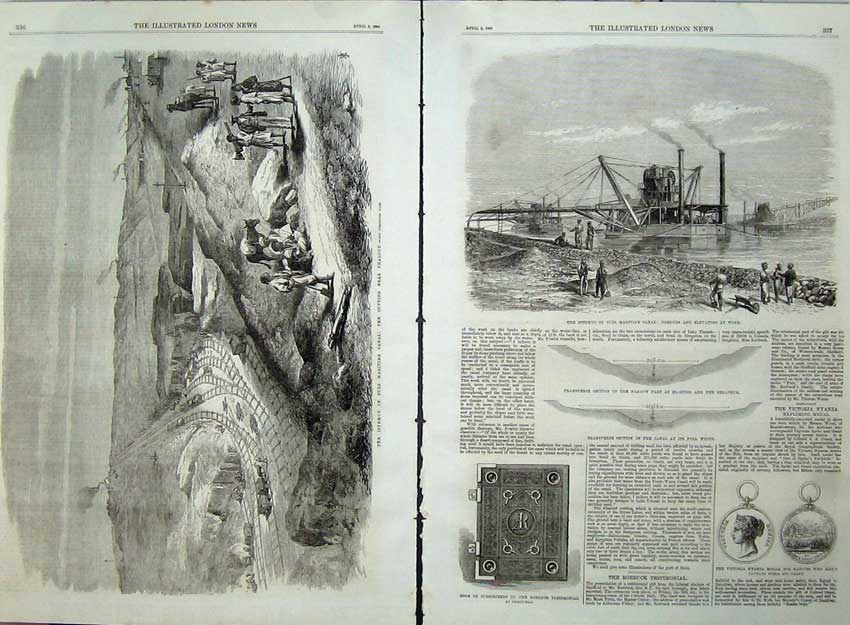 Old Antique Print Isthmus Suez Canal Chalouf 1869 Dredges Book Roebuck 19th