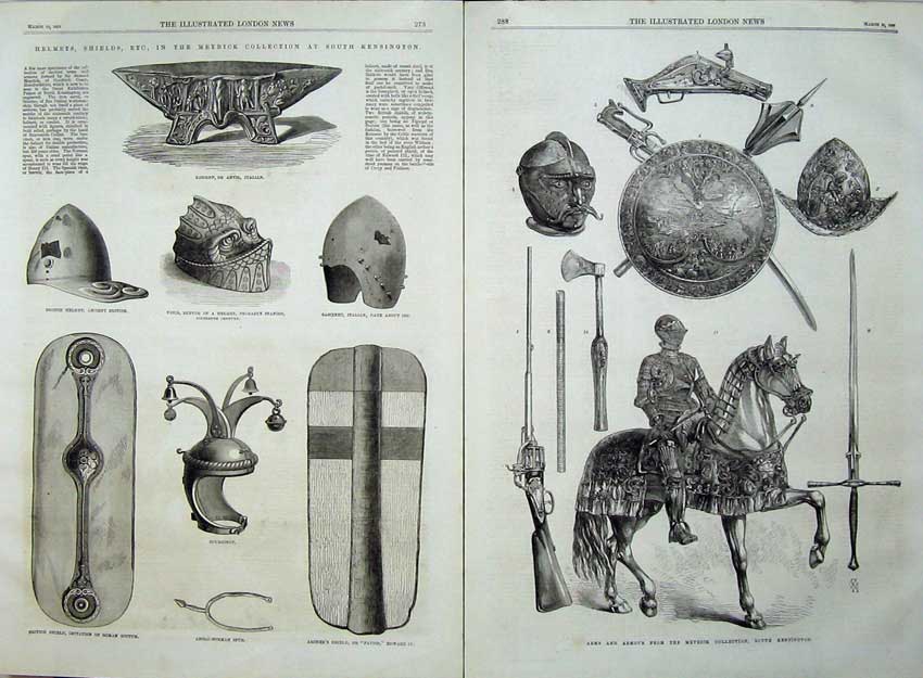 Antique Old Print Meyrick Kensington 1869 Arms Armour Helmet Shield Horse 19th