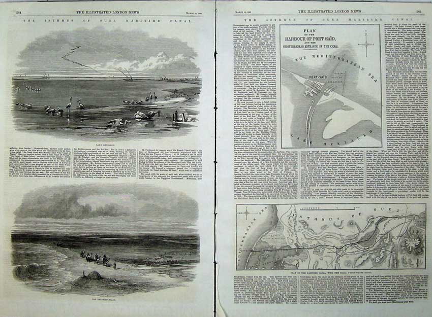 Antique Old Print Isthmus Suez Canal Plan 1869 Lake Menzaleh Pelusian Art 19th