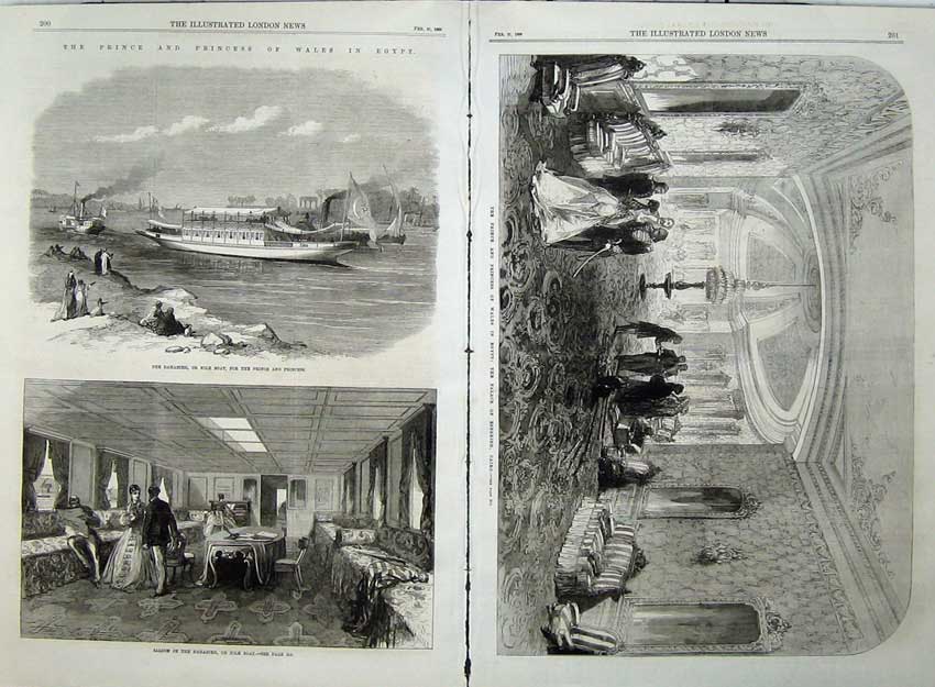 Antique Old Print Prince Wales Egypt1869 Nile Boat Saloon Palace Esbekieh 19th