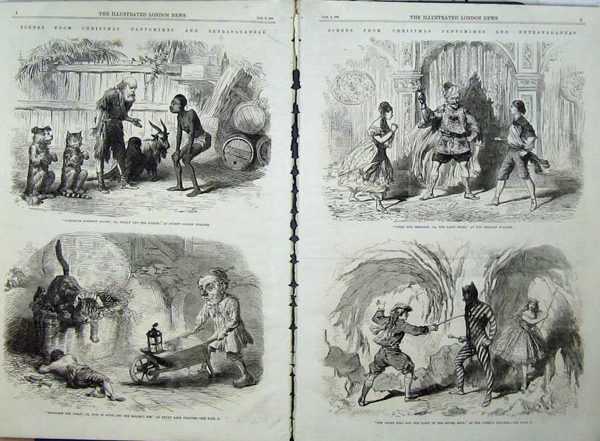 Antique Old Print Pantomime 1869 Covent Garden Drury Holborn Queen Scenes 19th