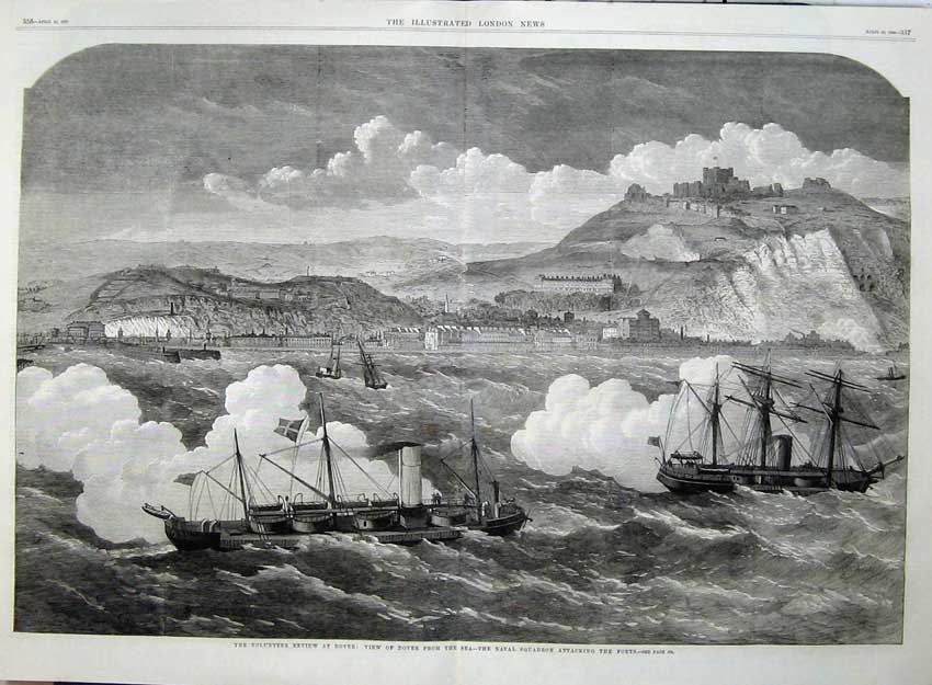 Antique Old Print 1869 Ta Army Review Dover Naval Ship Attacking Fort War 19th