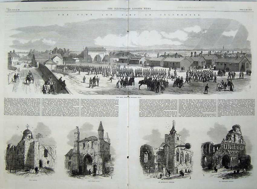 Old Antique Print 1869 Colchester Camp Abbey Gate Church Castle Priory 19th