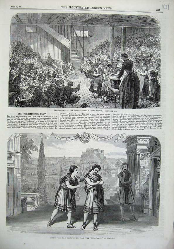 Original Old Antique Print 1869 Dinner Ragged School Children Theatre Trinummus