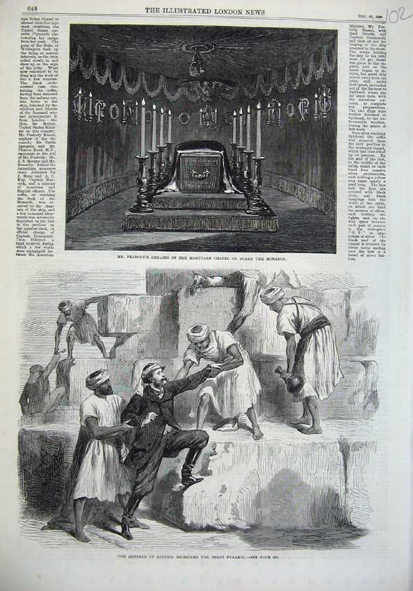 Old Antique Print 1869 Peabody Body Chapel Monarch Ship Emperor Austria 19th