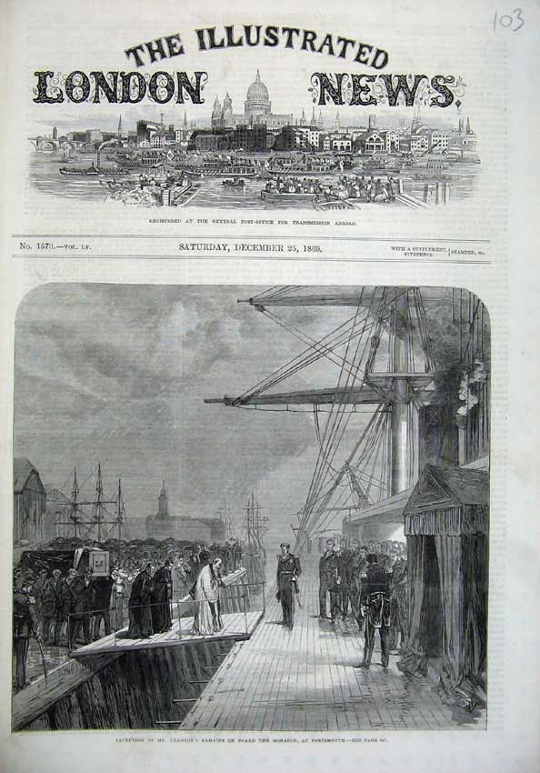 Original Old Antique Print 1869 Peabody Coffin Monarch Ship Portsmouth Fine Art