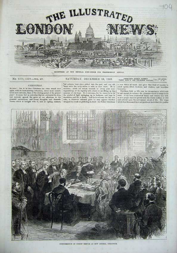 Original Old Antique Print 1869 Confirmation Bishop Temple Bow Church Cheapside