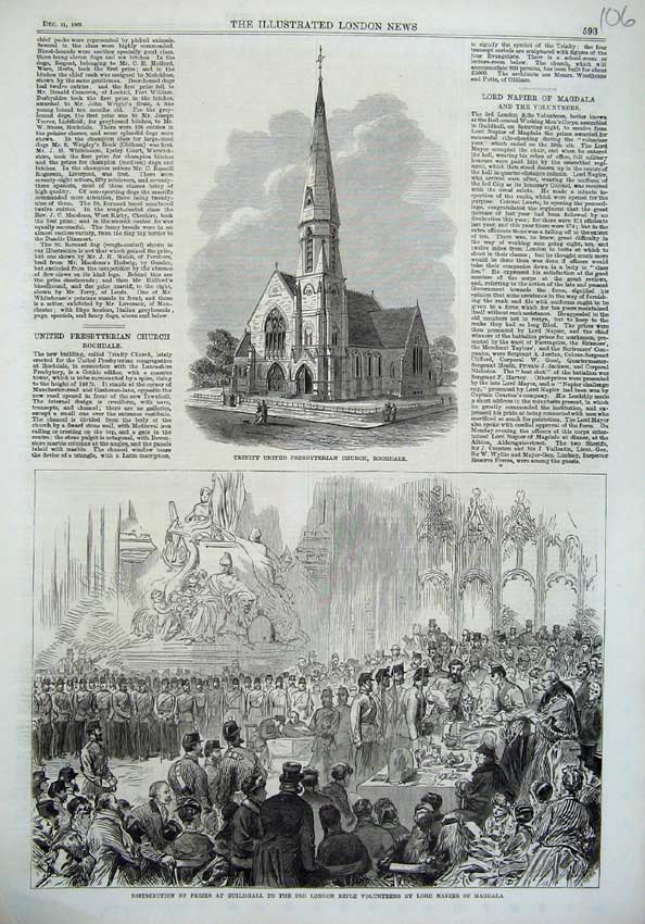 Old Antique Print Trinity Church Rochdale 1869 Guildhall Napier Magdala 19th