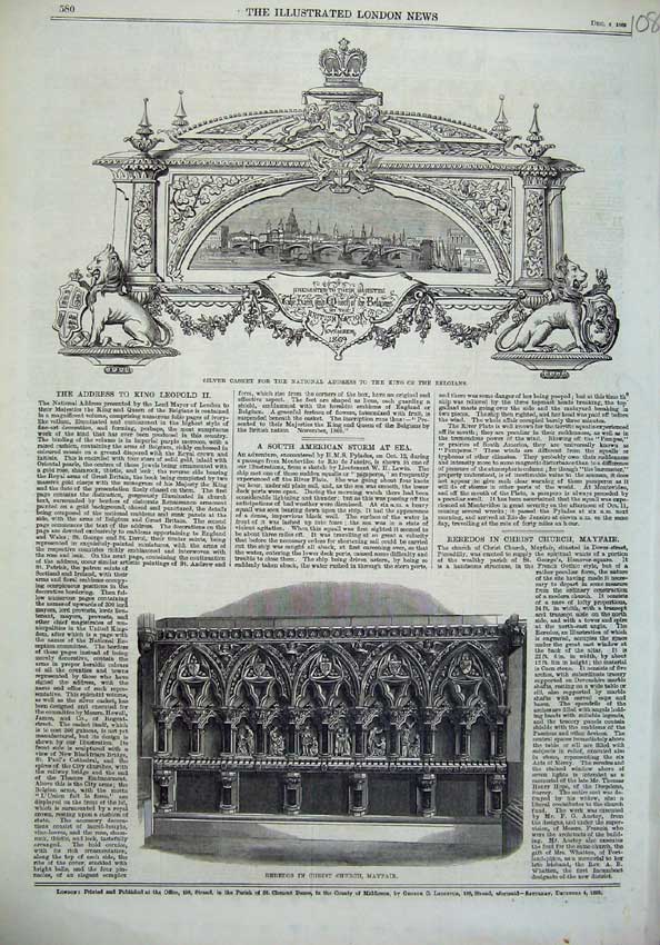 Old Antique Print Sivler Casket King Belgians 1869 Reredos Church Mayfair 19th