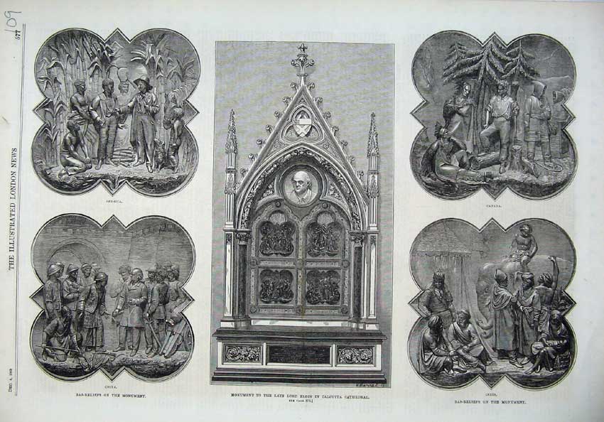 Original Old Antique Print Monument Lord Elgin Calcutta Bas-Reliefs India China