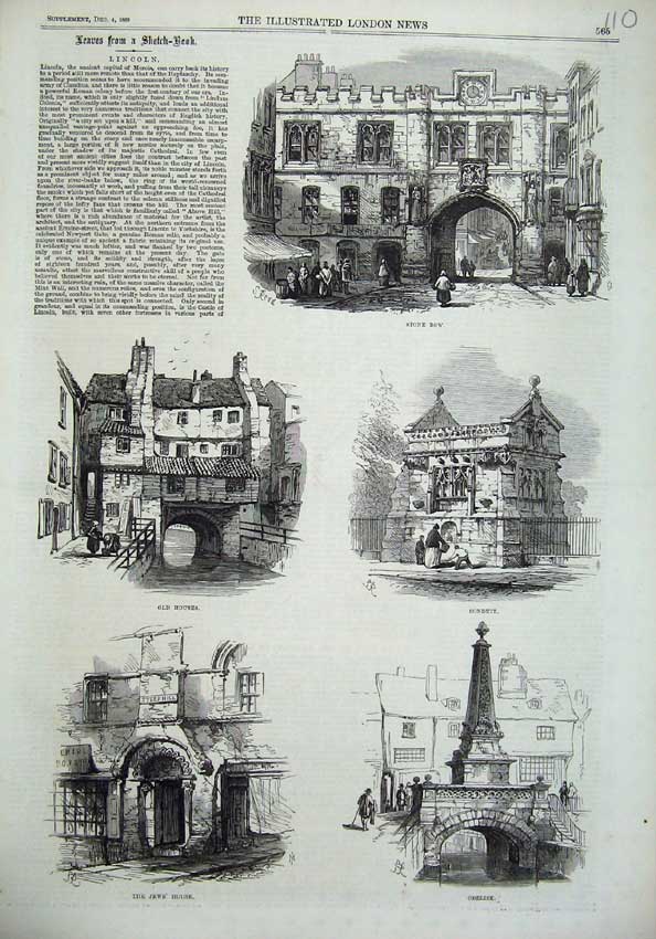 Old Antique Print Lincoln 1869 Stone Row Jews House Obelisk Conduit Art 19th