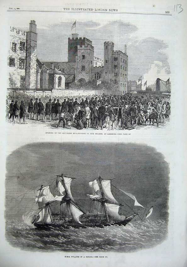 Original Old Antique Print Opening Embankment Thames Lambeth 1869 Ship Pylades