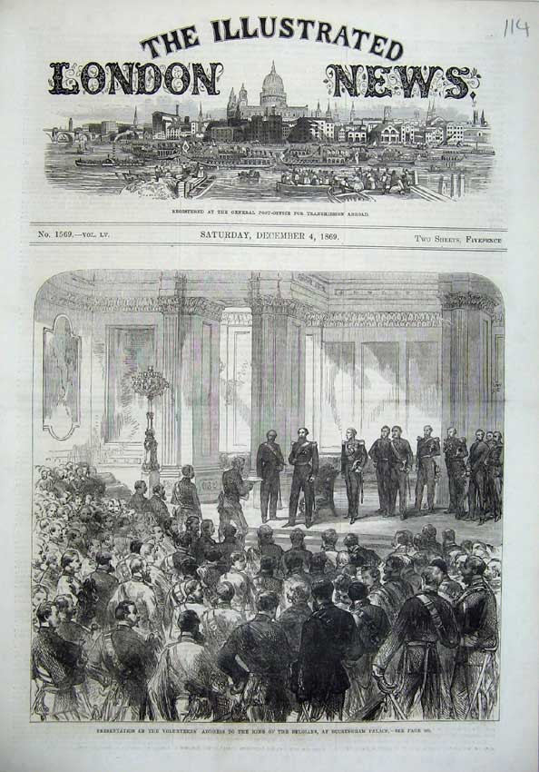 Original Old Antique Print 1869 Ta Army Address King Belgians Buckingham Palace