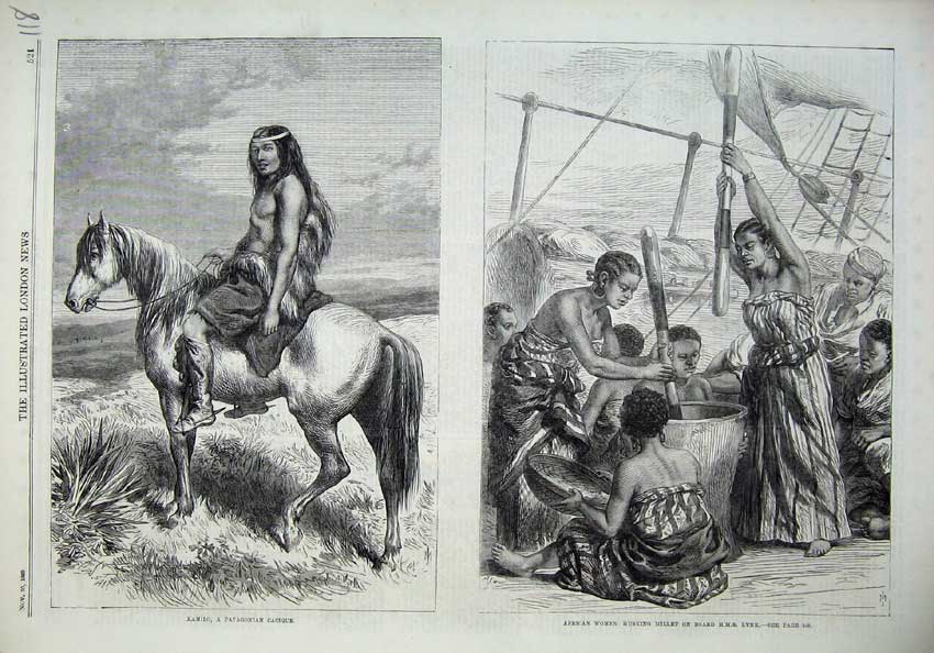 Old Antique Print 1869 Kamilo Pantagonian Cacique African Women Ship Lynx 19th
