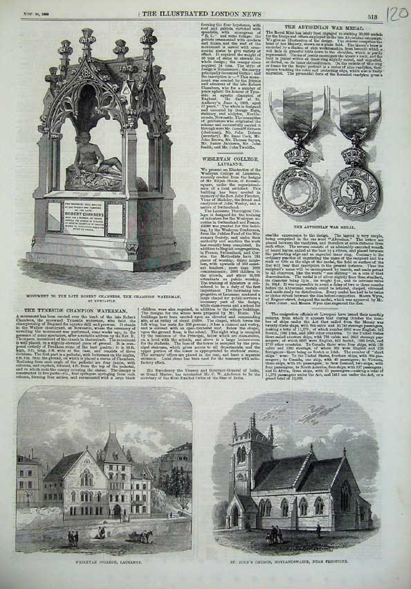 Old Antique Print Wesleyan College John'S Church 1869 Monument Chambers 19th