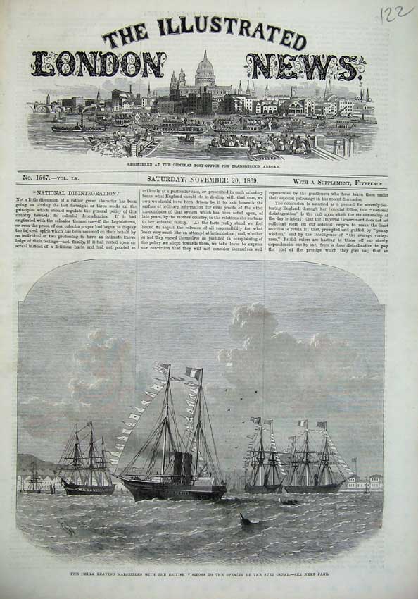 Original Old Antique Print 1869 Ship Delta Marseilles British Sailing Sea Suez