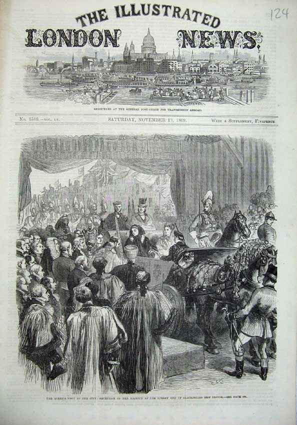 Old Antique Print 1869 Queen Visit London Surrey Blackfriars New Bridge 19th