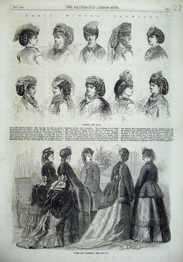 Original Old Antique Print Womens Fashion 1869 Robes Mantles Bonnets Hats Paris
