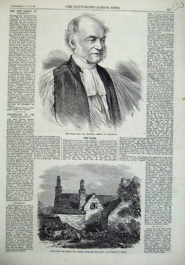 Original Old Antique Print Dr Moberly Bishop Salisbury 1869 House Joshua Reyns