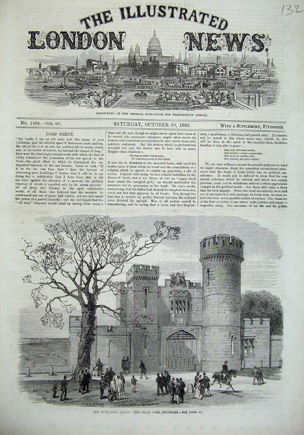 Original Old Antique Print 1869 Lord Derby Lodge Gate Knowsley People Horse
